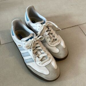 Adidas Original Samba in core white, halo blue and gum